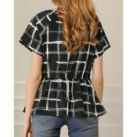 Allegra K Womens Sz M Plaid Drawstring Waist Short Sleeve V-neck Wrap Peplum Top - Picture 2 of 7